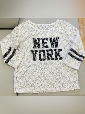 Express White Lace “New York” Long Sleeve Top Black Graphic Sheer Size Small